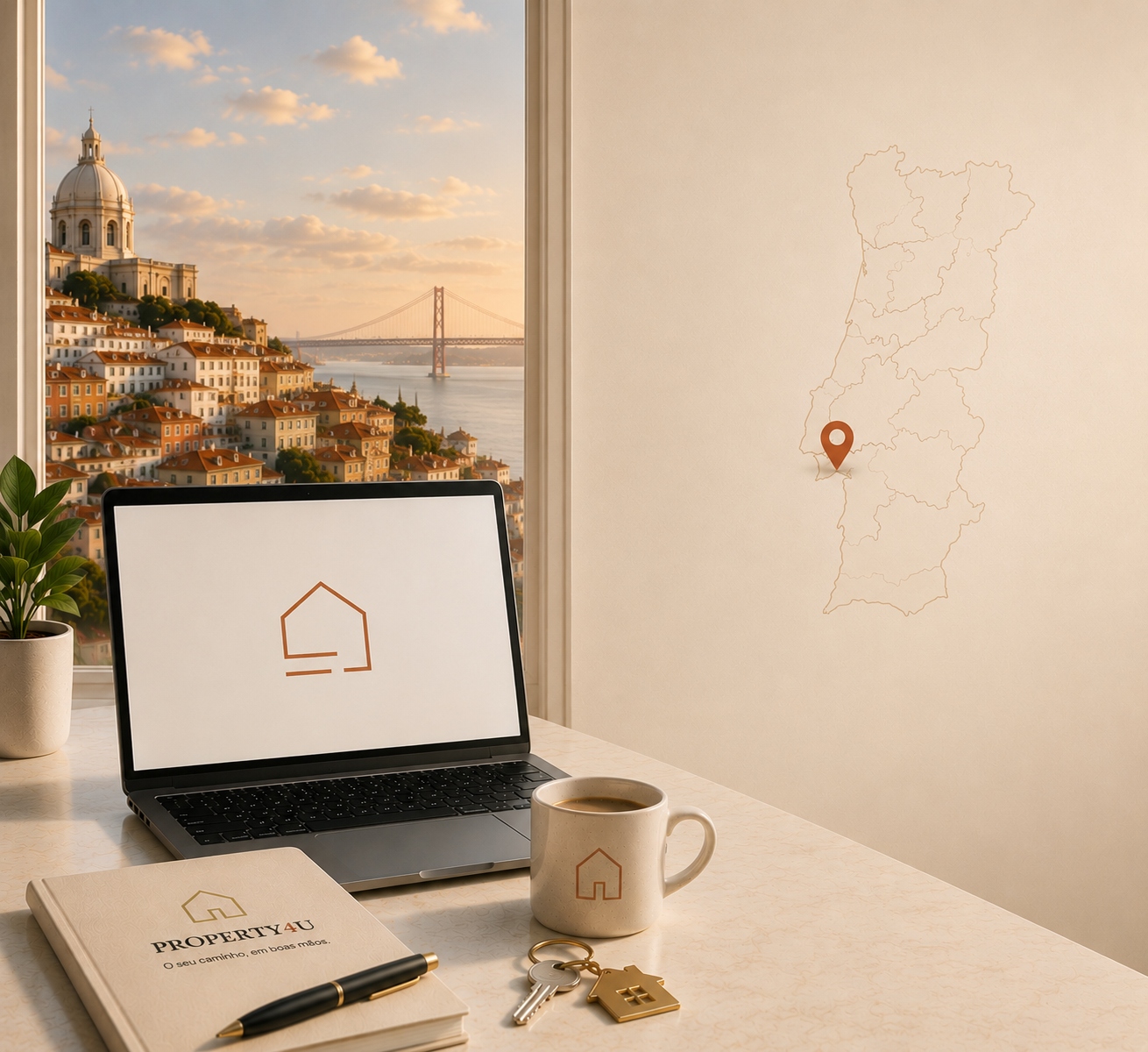 Vista de Lisboa com mapa de Portugal e marca Property4U